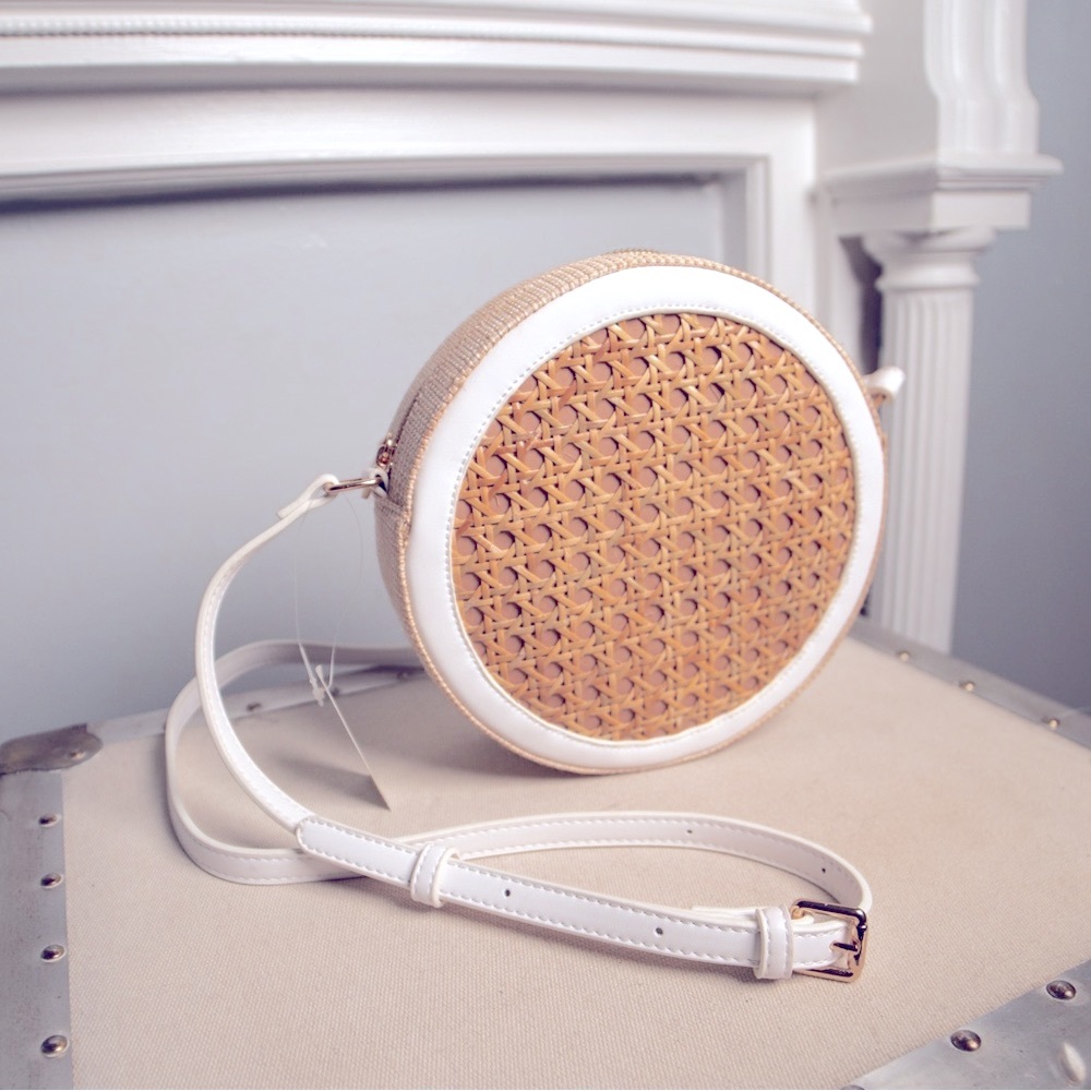 Elegant White and Tan Round Woven Bag